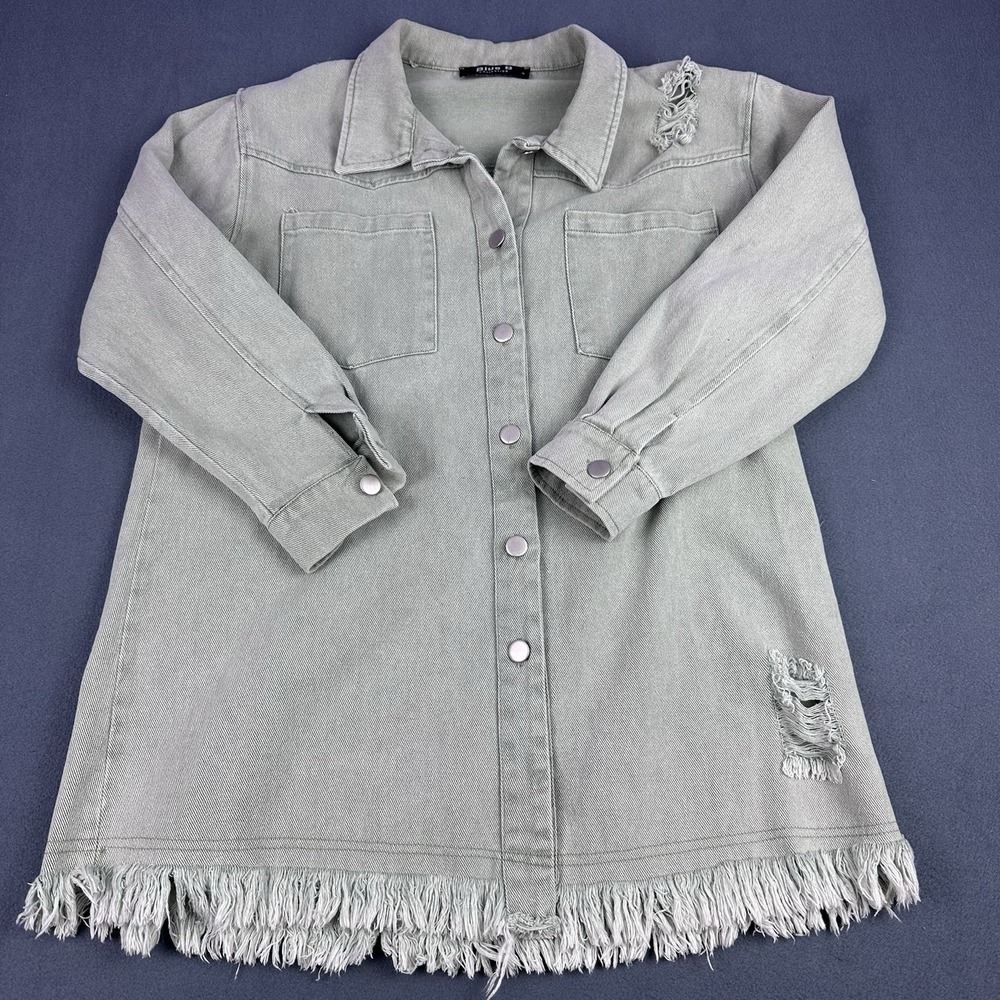 Blue B Collection Sage Green Distressed Fringe 100% Cotton Shacket Thunderbird S